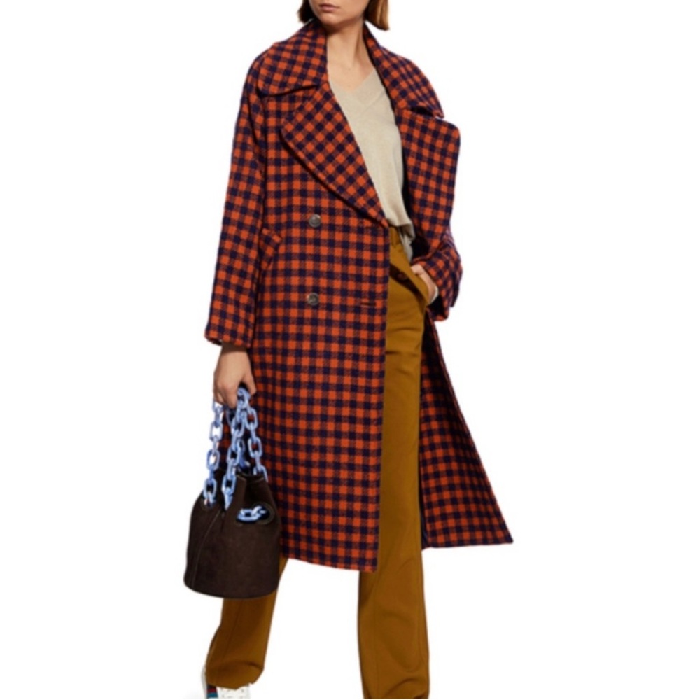 Sea New York Ethno pop Orange and Blue Check Trench Coat